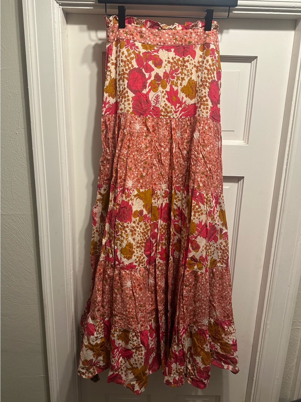 Floral Linen Blend Maxi Skirt - Pink & Mustard